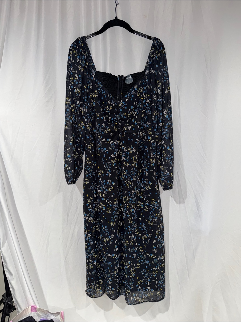Arula Dress Black Floral Blue Long Sleeve Sheer Midi Dress Everyday Style A 1X